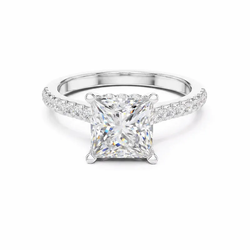 Princess Cut Simple Pavé Shank Engagement Ring in White Gold