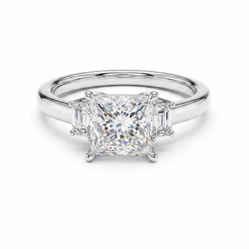 Princess Cut Three-Stone with Emerald Cut Side Diamonds in White Gold