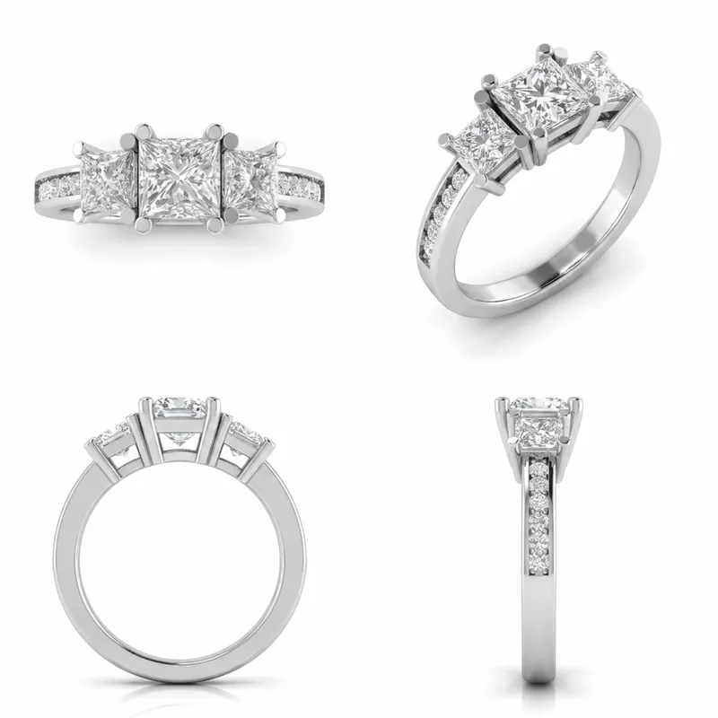 Princess Cut Three-Stone with Trapezoid Side Diamonds in White Gold