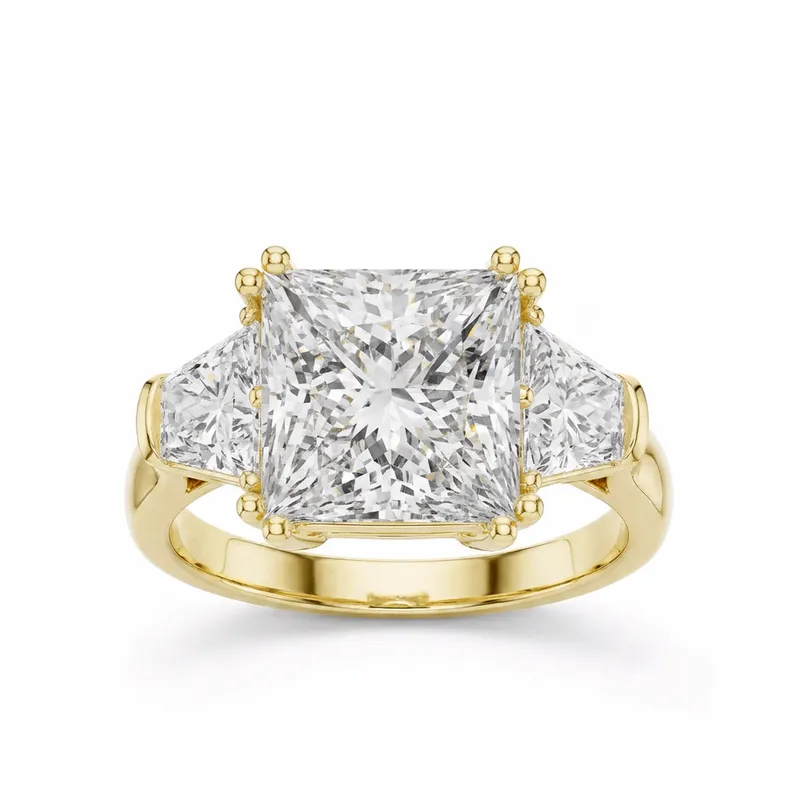 Princess Cut Three-Stone with Trillion Side Diamonds in Yellow Gold