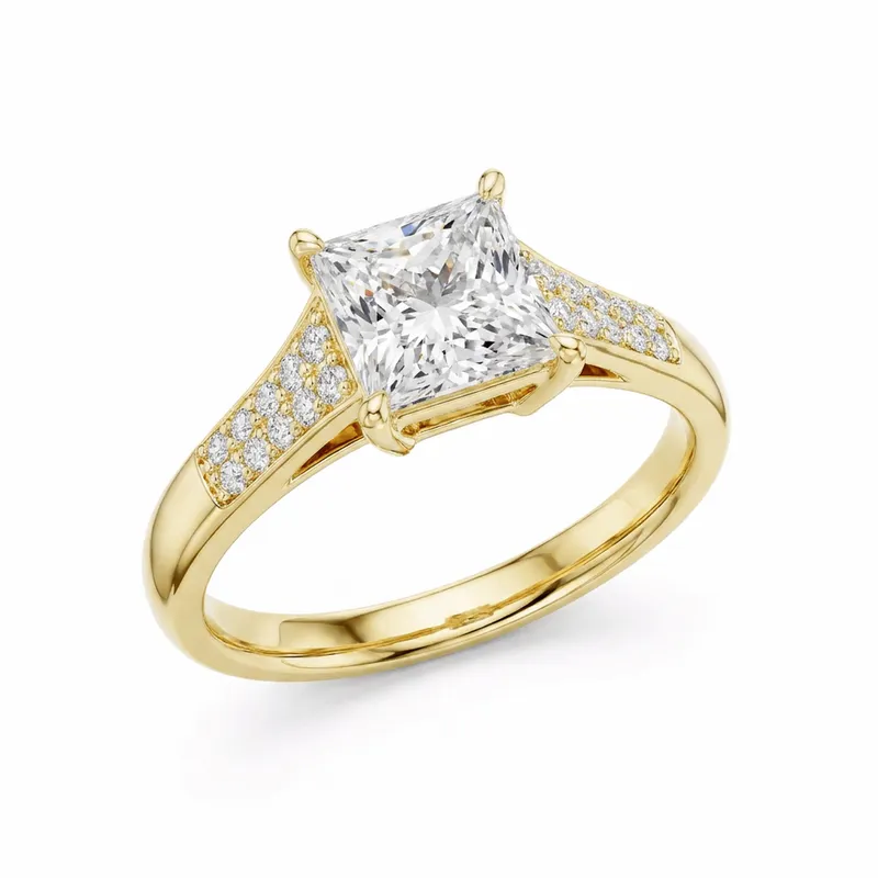 Princess Cut Cathedral Pavé Engagement Ring in Yellow Gold