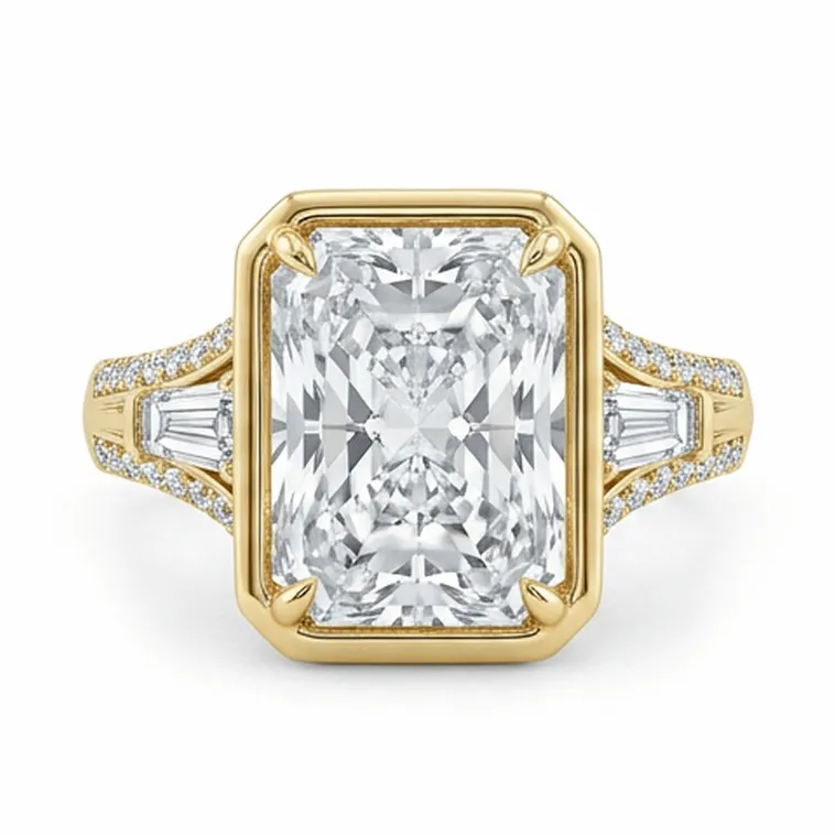 Radiant Cut Three-Stone with Tapered Baguettes in Yellow Gold