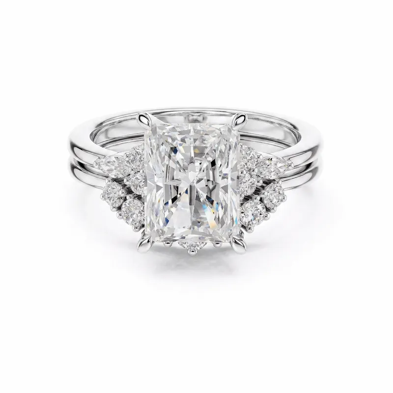 Radiant Cut Cluster Side Stone Engagement Ring in White Gold