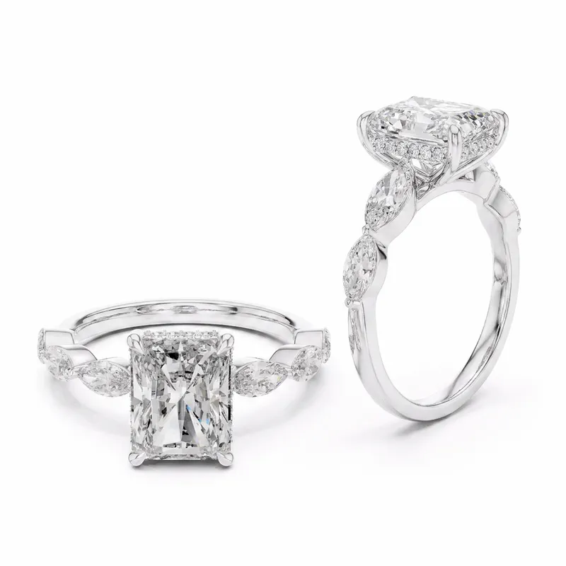 Radiant Cut Hidden Halo with Marquise Side Stones in White Gold