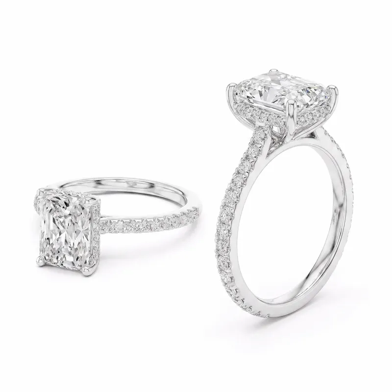 Radiant Cut Hidden Halo with Pavé Shank Engagement Ring in White Gold
