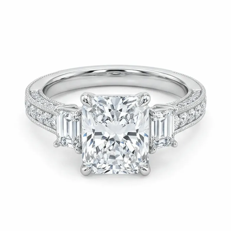Radiant Cut Three-Stone with Baguette Side Diamonds in White Gold