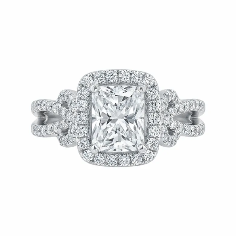 Radiant Cut Three-Stone Halo with Pavé Shank in White Gold