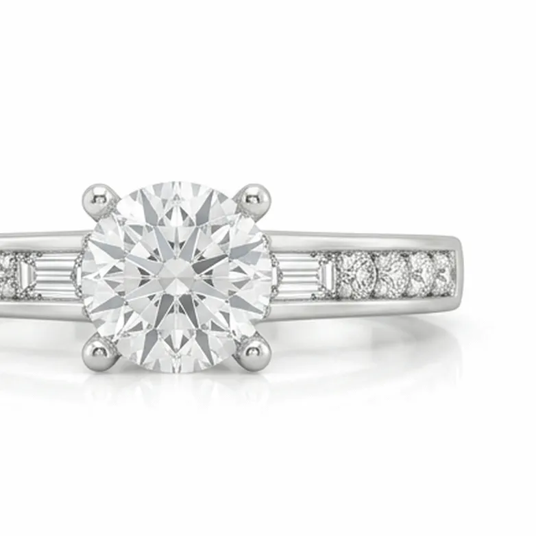 Round Brilliant Cathedral Channel-Set Baguette Engagement Ring in White Gold