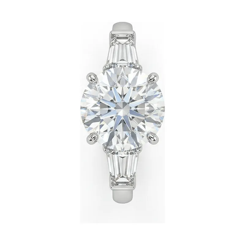 Round Diamond Three-Stone with Tapered Baguette Sides in White Gold