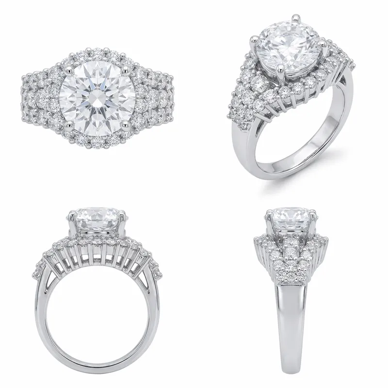 Round Brilliant Cluster Halo Pavé Engagement Ring in White Gold