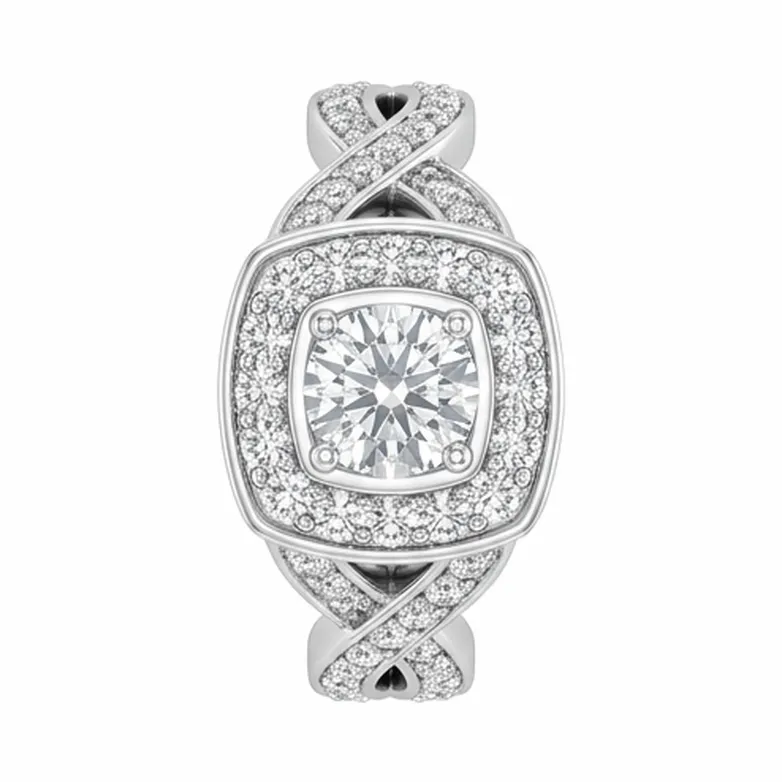 Round Cut Double Cushion Halo with Infinity Twist Shank in White Gold