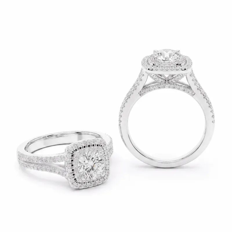 Round Cut Double Cushion Halo with Split Pavé Shank in White Gold