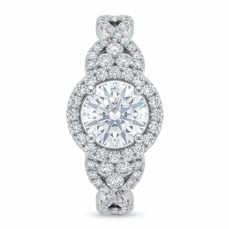 Round Brilliant Double Halo Woven Infinity Engagement Ring in White Gold