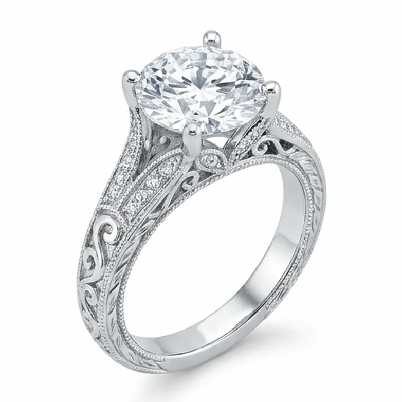 Round Brilliant Vintage Engraved Filigree Solitaire in White Gold