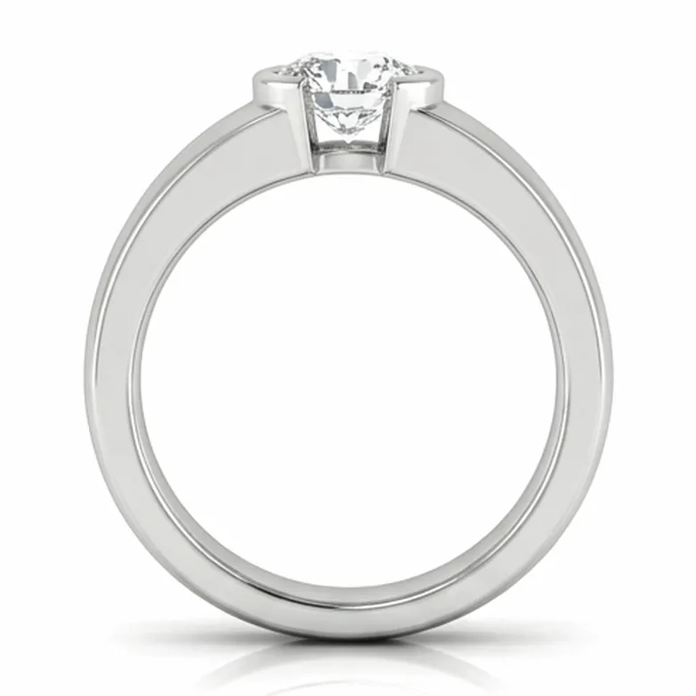 Round Brilliant Half-Bezel Tension Setting on Wide Band in White Gold