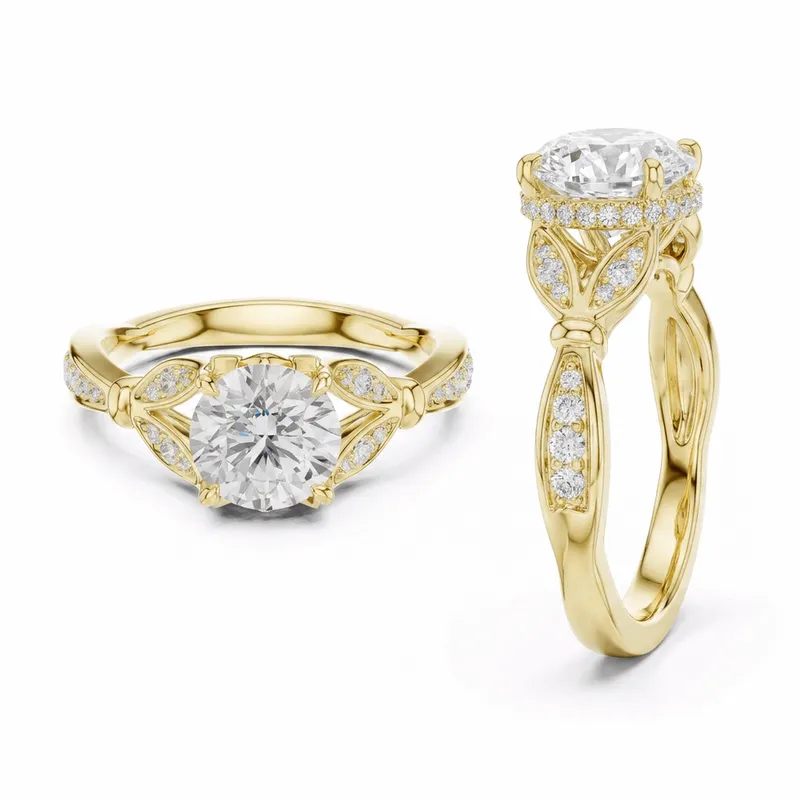 Round Cut Halo with Leaf Marquise Shank in Yellow Gold