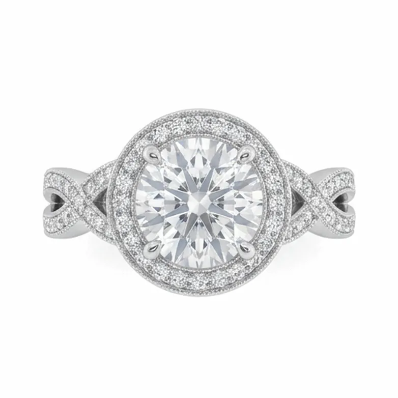 Round Cut Halo with Milgrain Infinity-Twist Shank in White Gold
