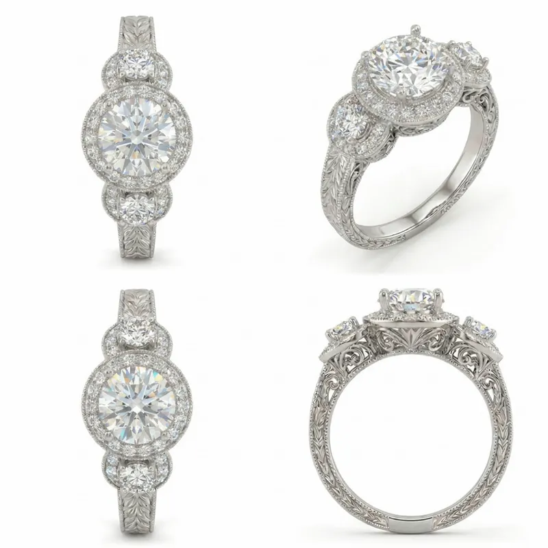 Round Brilliant Halo Three-Stone Vintage Engraved Engagement Ring in White Gold