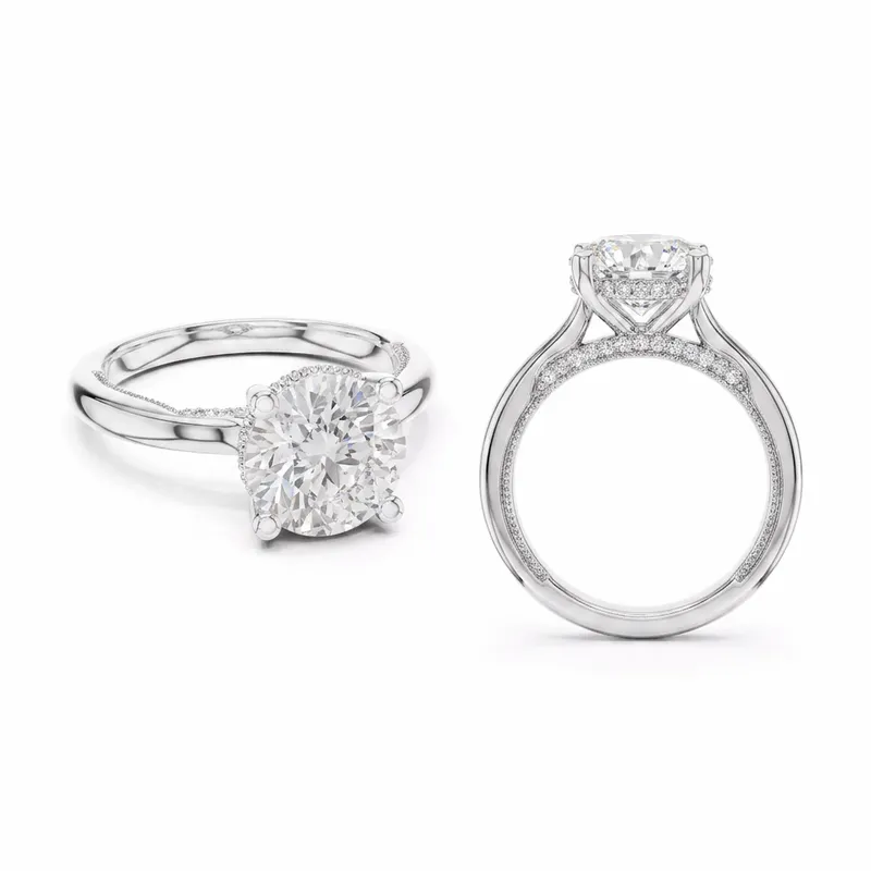 Round Cut Hidden Halo with Milgrain Detail Engagement Ring in White Gold