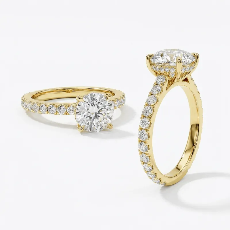 Round Cut Hidden Halo with Pavé Shank Engagement Ring in Yellow Gold