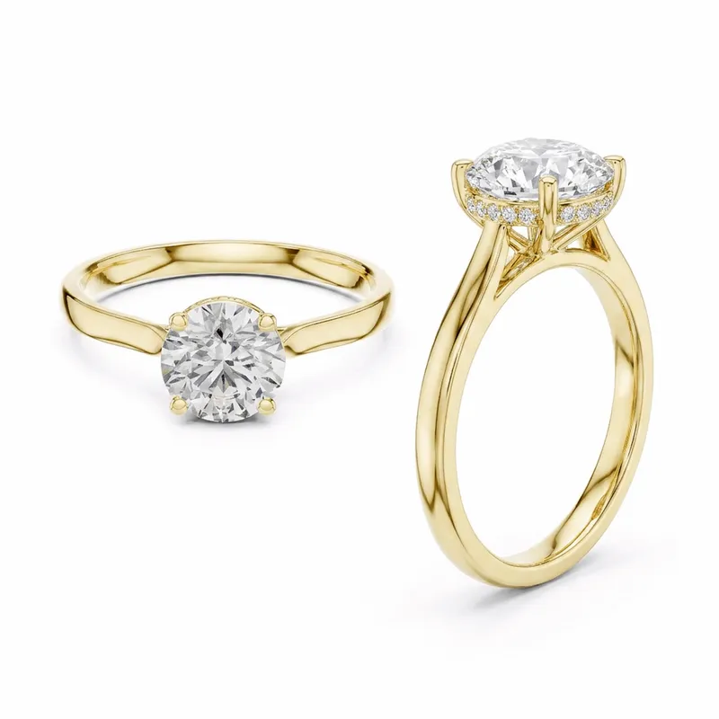 Round Cut Hidden Halo Plain Solitaire Engagement Ring in Yellow Gold