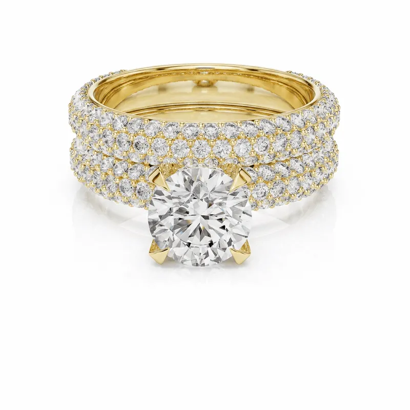 Round Diamond Triple-Row Pavé Dome Engagement Ring in Yellow Gold