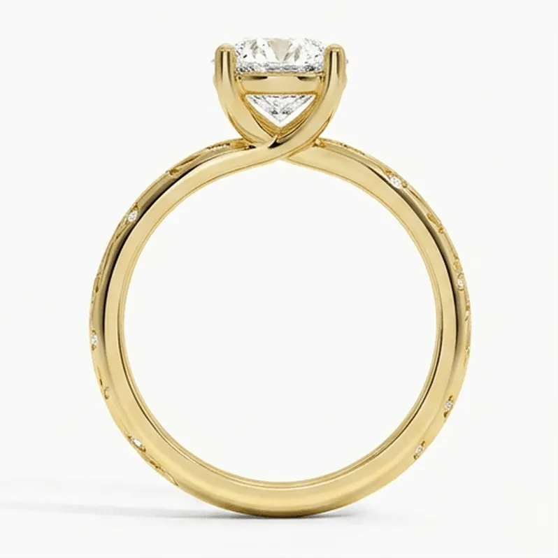 Round Brilliant Vine-Engraved Solitaire with Flush-Set Diamonds in Yellow Gold
