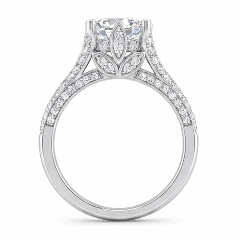Round Brilliant Vintage Floral Pavé Split-Shank Engagement Ring in White Gold