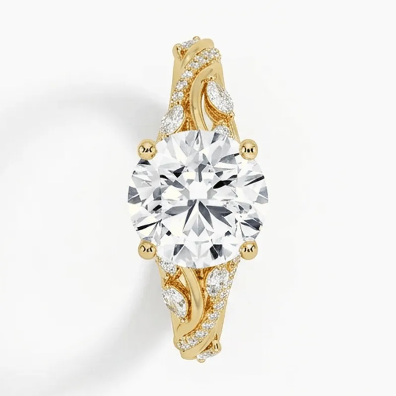 Round Brilliant Vintage Floral Vine Engagement Ring in Yellow Gold