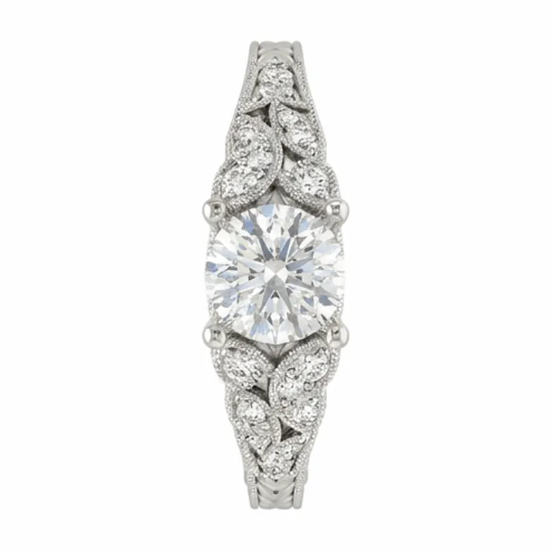 Round Brilliant Vintage Marquise Leaf Engraved Engagement Ring in White Gold