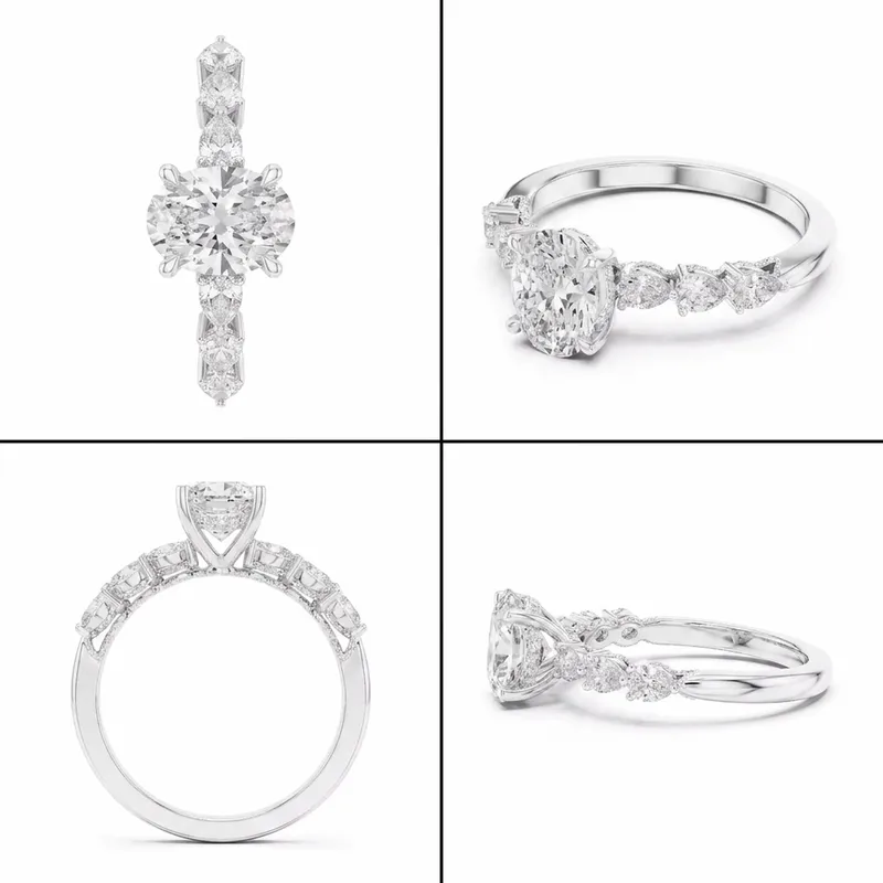 Cushion Cut Curved Hidden Halo Engagement Ring — White Gold