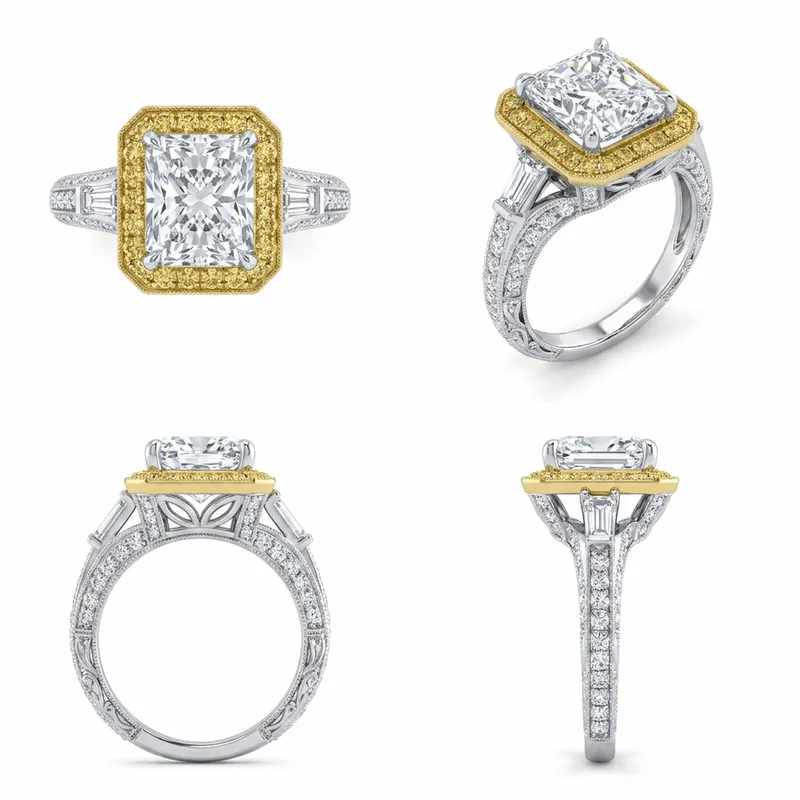 Emerald Cut Fancy Yellow Halo Three-Stone Engagement Ring in Two-Tone Gold