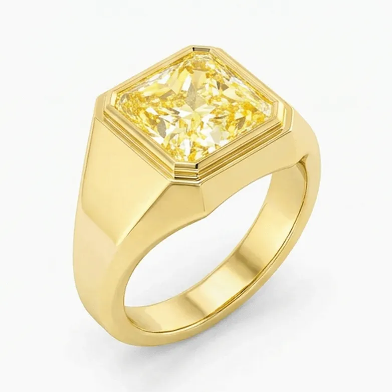 Men's Fancy Yellow Radiant Diamond Bezel Signet in Yellow Gold
