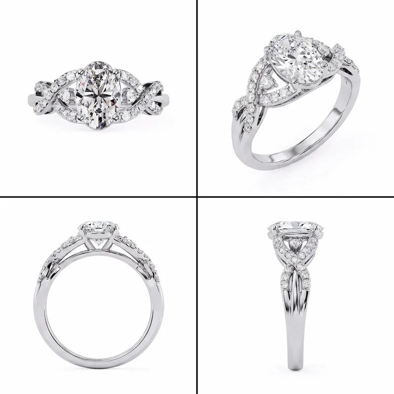 Oval Halo Twisted Pavé Engagement Ring — White Gold