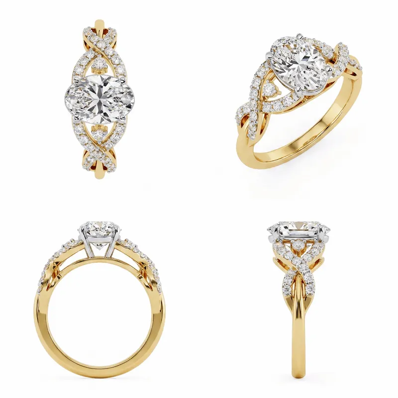 Oval Halo Twisted Pavé Engagement Ring — Yellow Gold