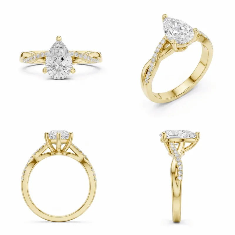 Pear Cut Criss-Cross Pavé Shank Engagement Ring in Yellow Gold