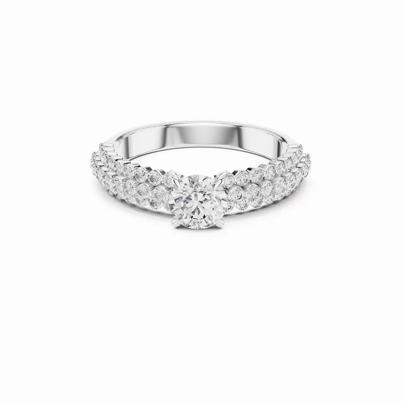 Round Brilliant Triple Pavé Diamond Engagement Ring in 14K White Gold