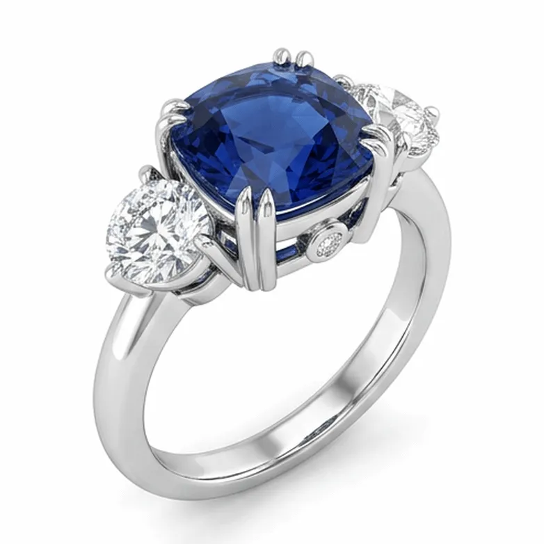 Blue Sapphire Cushion Three-Stone Ring