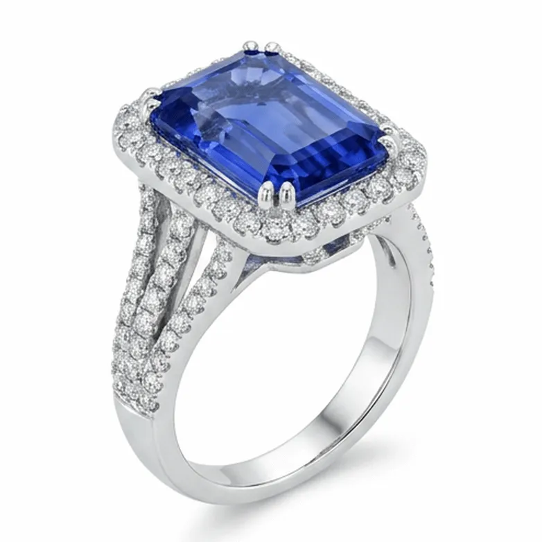 Emerald Cut Tanzanite Double Halo Split-Shank Ring in White Gold