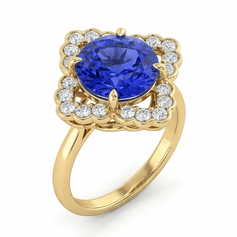 Round Tanzanite Vintage Floral Halo Ring in Yellow Gold